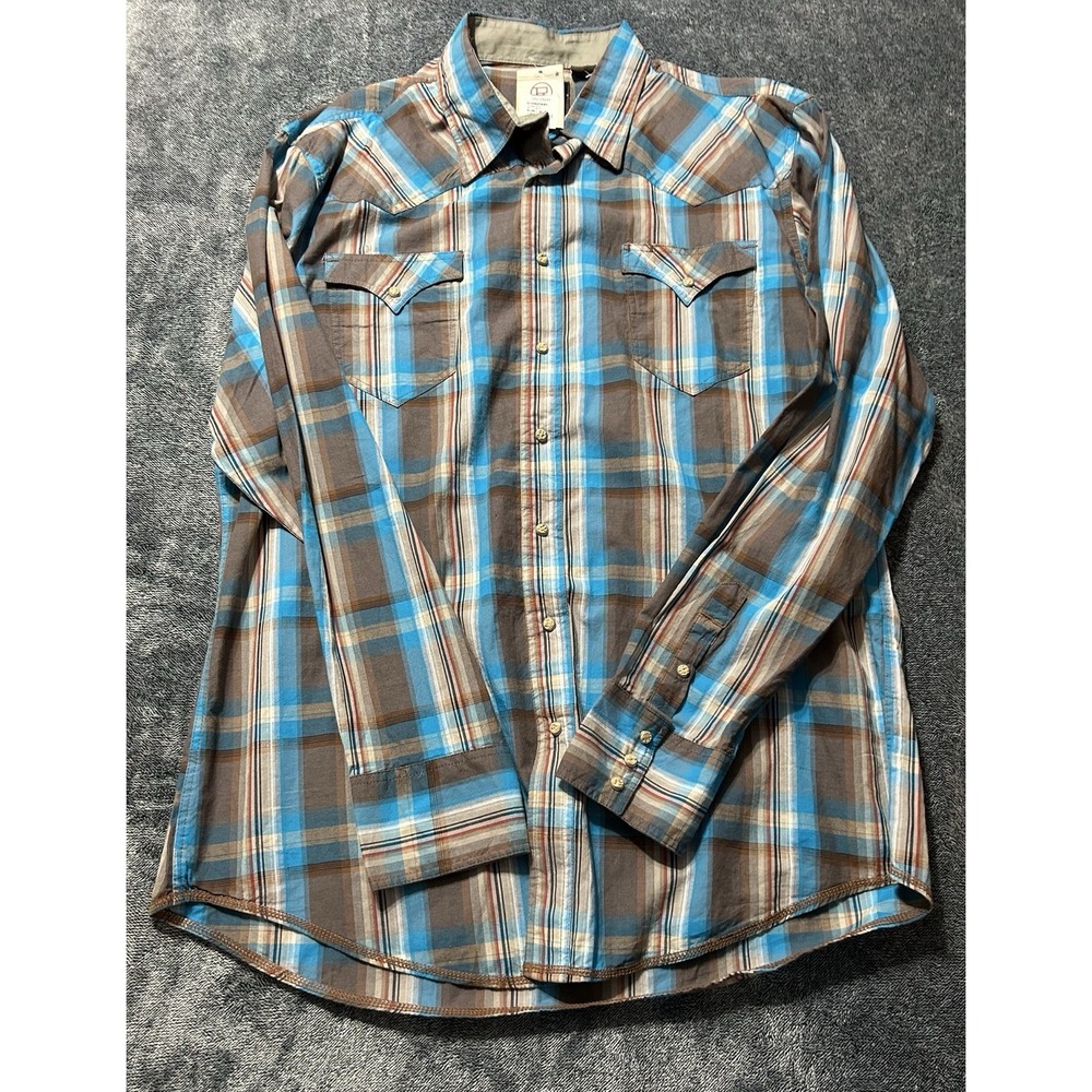 Roper Men's Snap Button Shirt Blue Plaid XL Long Sleeve (C8)